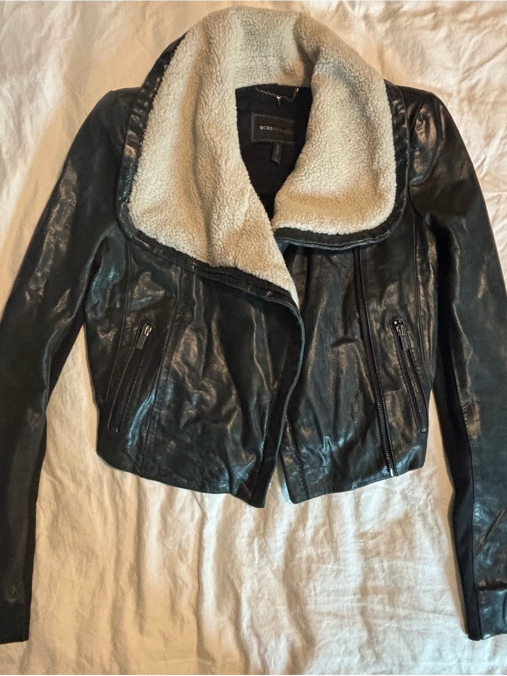 BCBGMaxAzria Black Leather Jacket with Cream Sherpa Collar